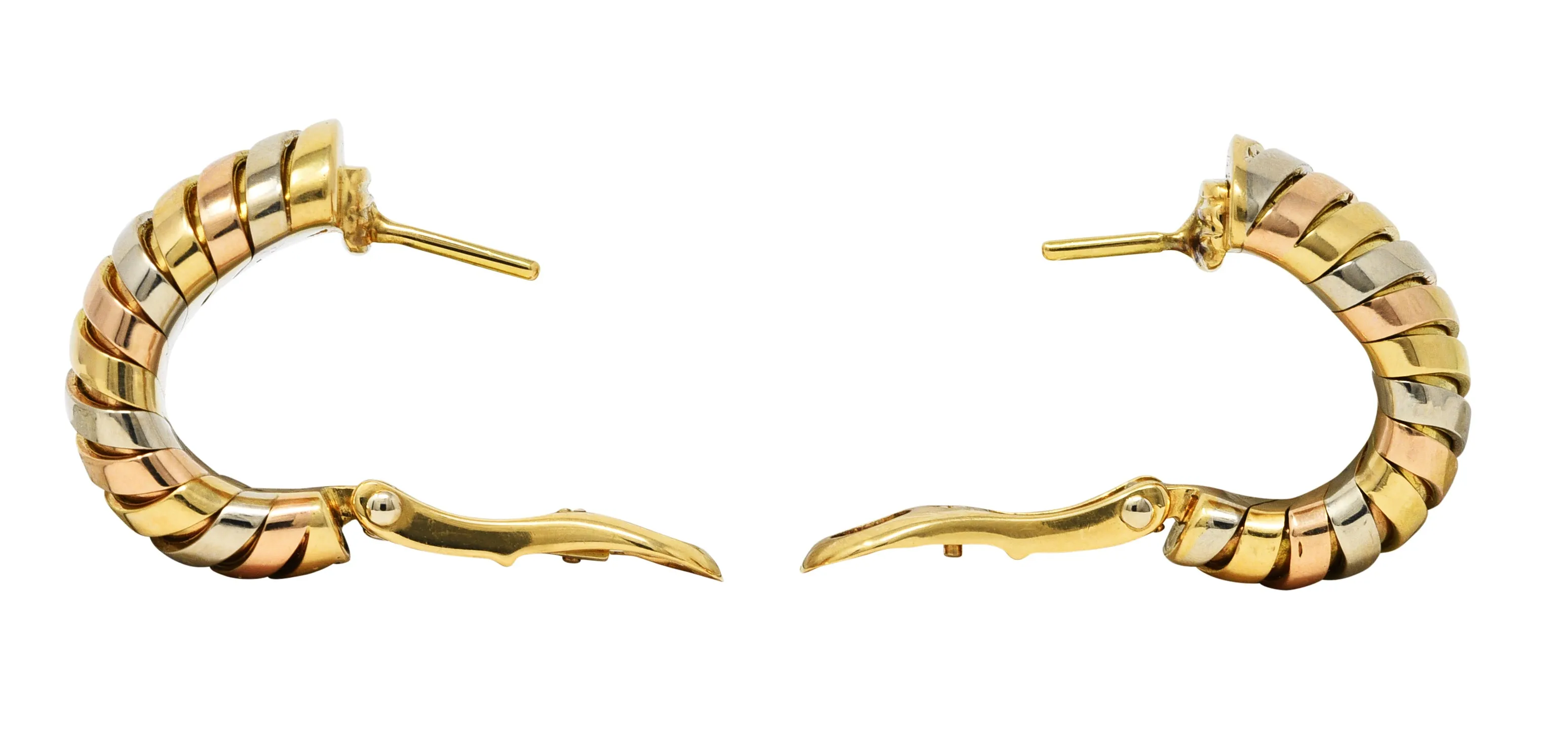 Bulgari 18 Karat Tri-Gold Tubogas J-Hoop Vintage Ear-Clip Earrings