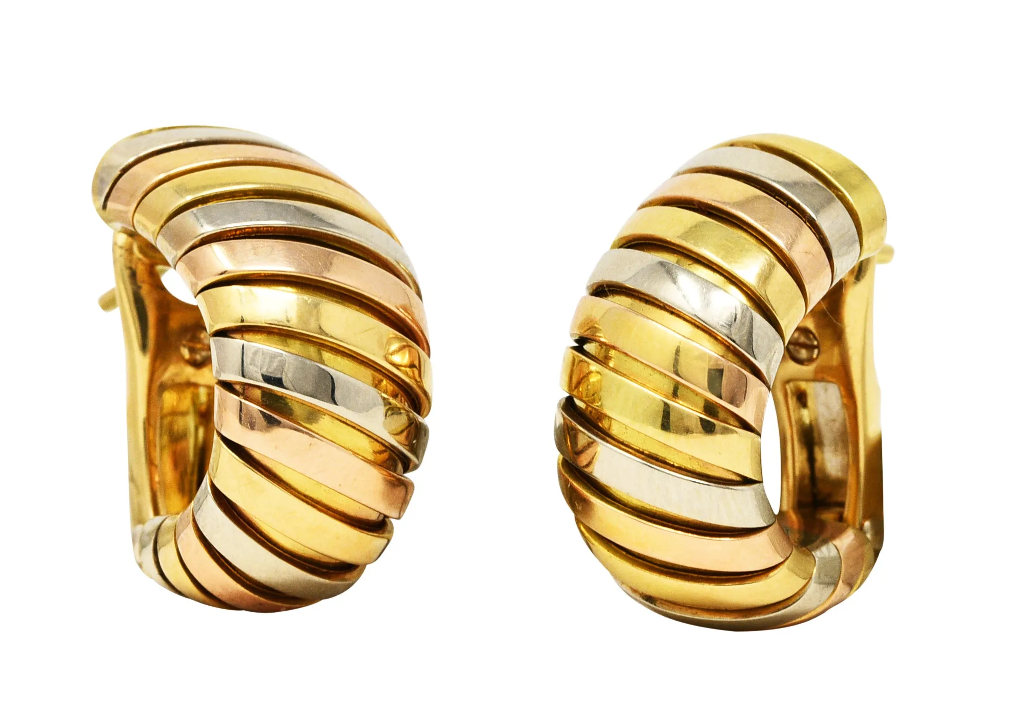 Bulgari 18 Karat Tri-Gold Tubogas J-Hoop Vintage Ear-Clip Earrings