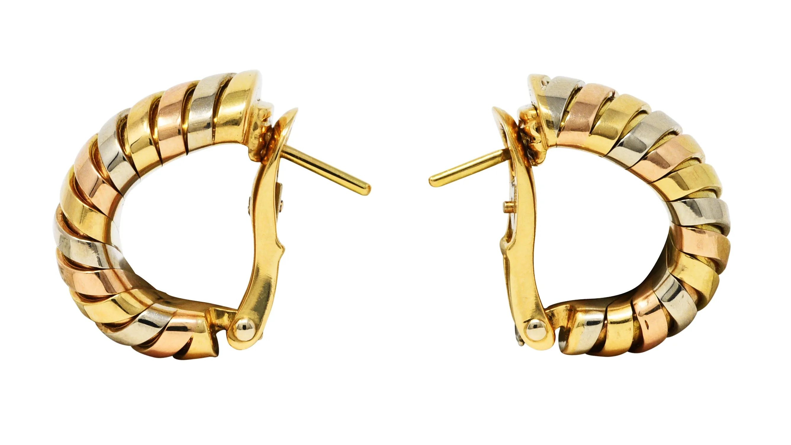 Bulgari 18 Karat Tri-Gold Tubogas J-Hoop Vintage Ear-Clip Earrings