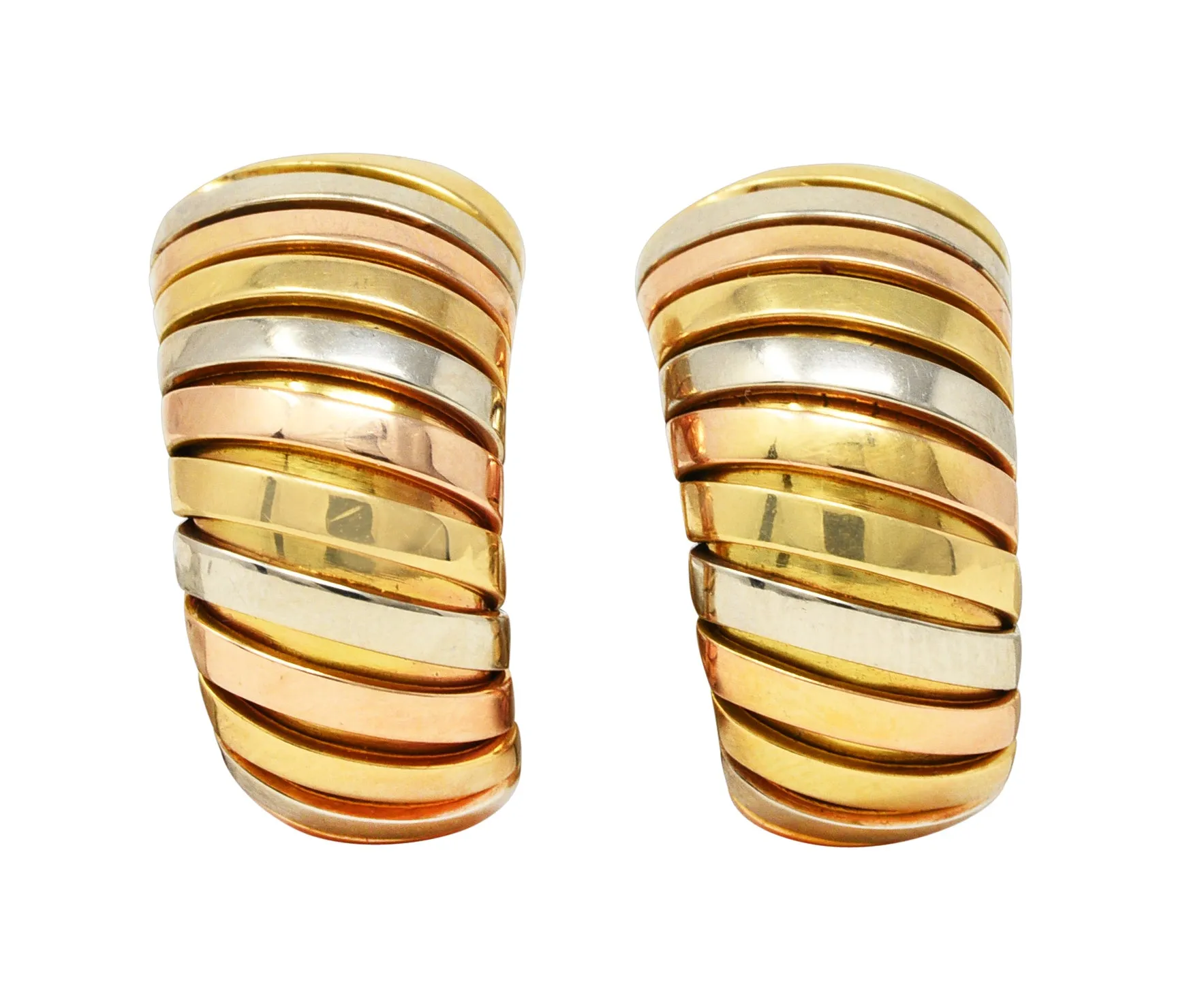 Bulgari 18 Karat Tri-Gold Tubogas J-Hoop Vintage Ear-Clip Earrings