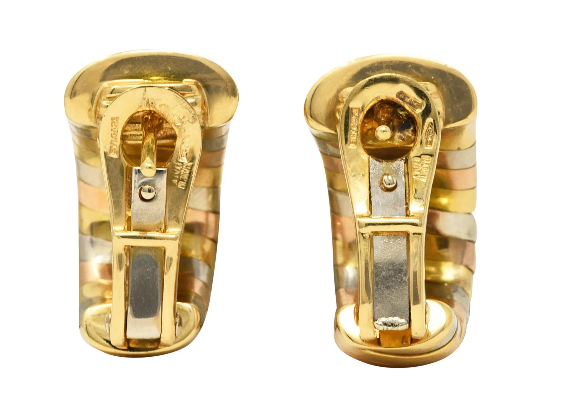 Bulgari 18 Karat Tri-Gold Tubogas J-Hoop Vintage Ear-Clip Earrings