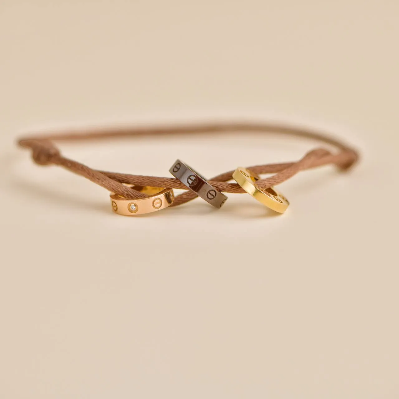 Cartier Love 18k Yellow and Rose 4 Diamond Sevres Porcelain Brown Cord Bracelet