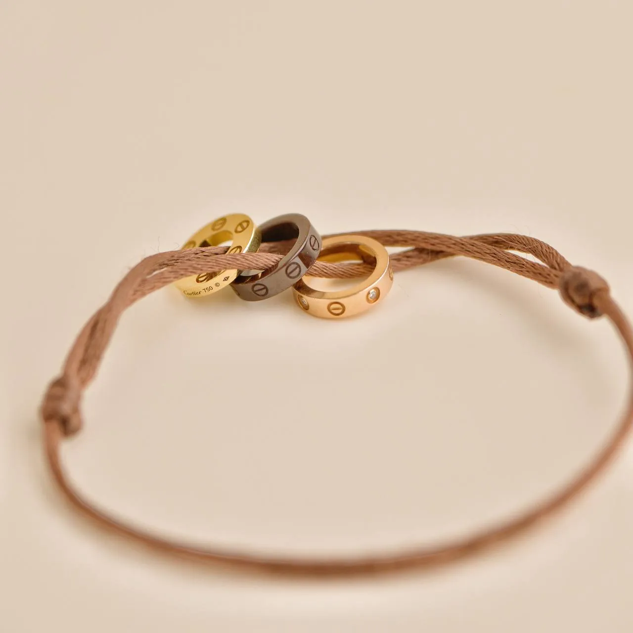 Cartier Love 18k Yellow and Rose 4 Diamond Sevres Porcelain Brown Cord Bracelet