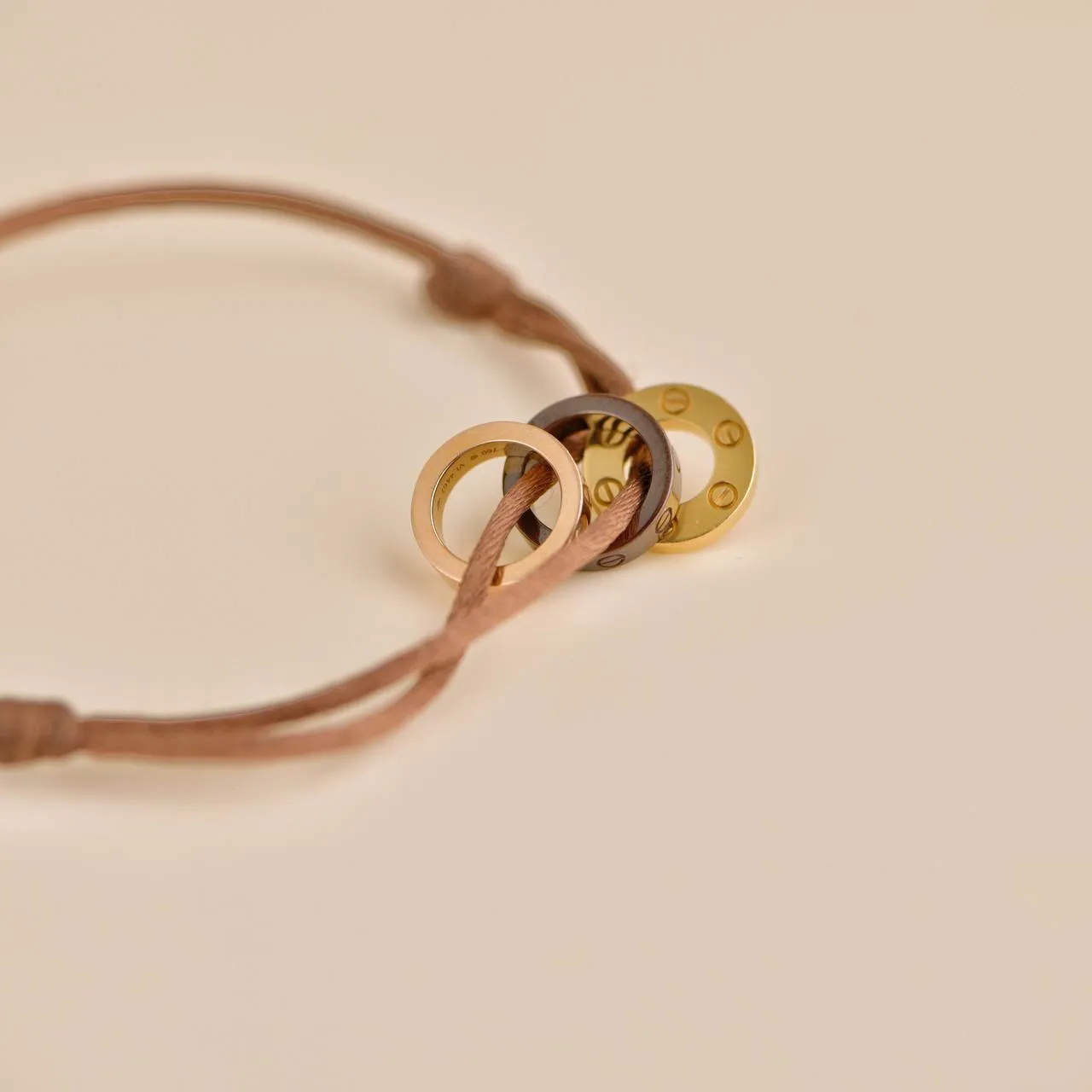 Cartier Love 18k Yellow and Rose 4 Diamond Sevres Porcelain Brown Cord Bracelet