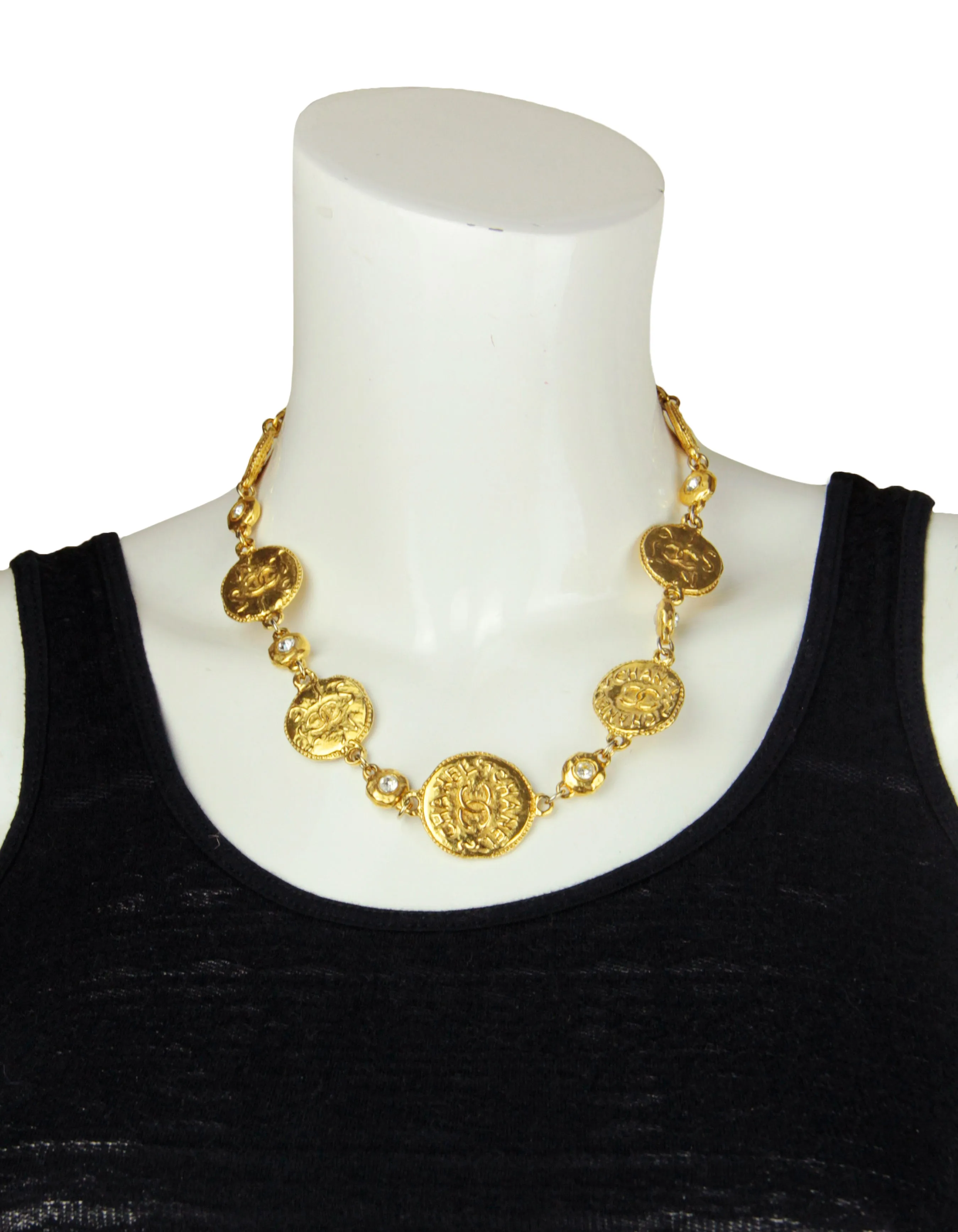 Chanel Vintage Goldtone CC Coin Choker Necklace w. Crystals