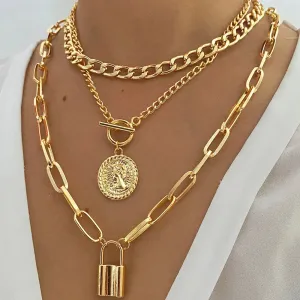 Charm Fashion Multilayer Gold Color Thick Chain Lock Pendant Necklace Jewelry Vintage Coin Choker Necklace