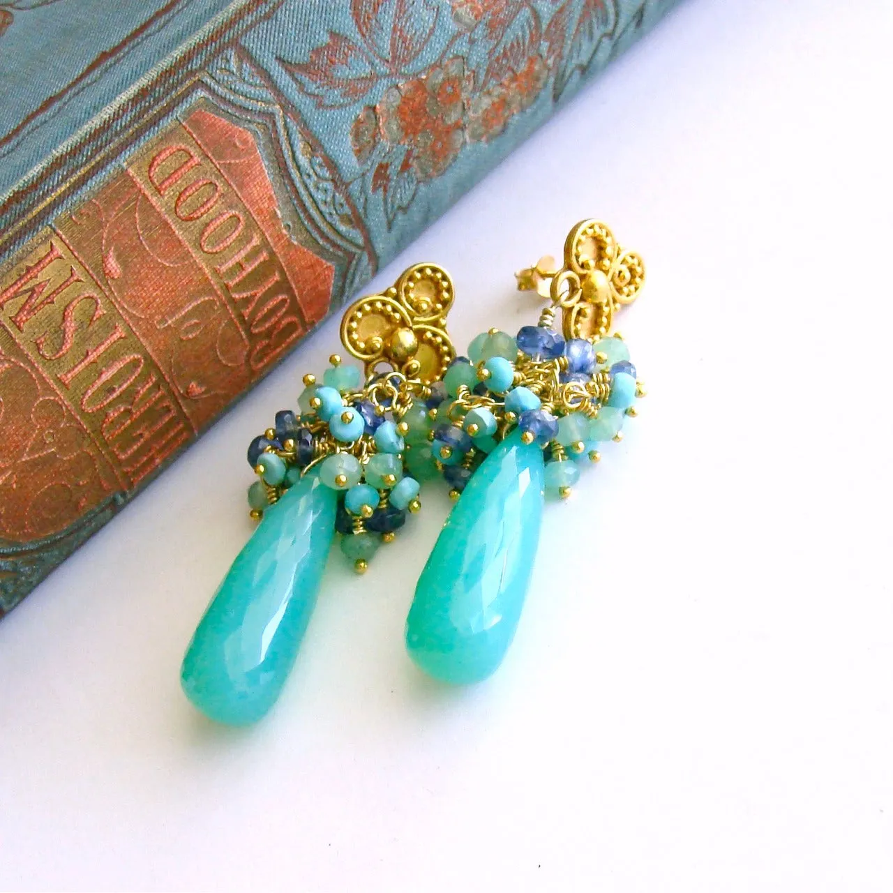 Chrysoprase Sleeping Beauty Turquoise Kyanite Cluster Post Style Earrings - Morgaine Cluster Earrings