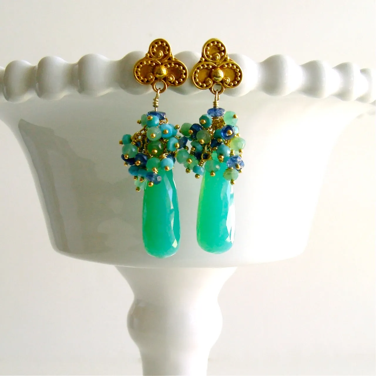 Chrysoprase Sleeping Beauty Turquoise Kyanite Cluster Post Style Earrings - Morgaine Cluster Earrings