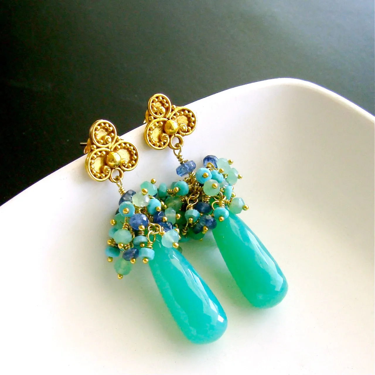 Chrysoprase Sleeping Beauty Turquoise Kyanite Cluster Post Style Earrings - Morgaine Cluster Earrings