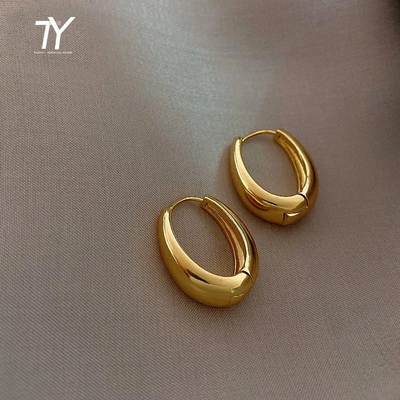 Classic Copper Alloy Smooth Metal Hoop Earrings