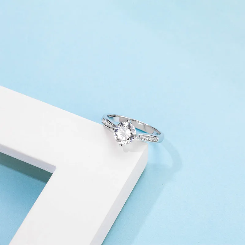 Classic Round Cut Moissanite Diamond Four Micro Setting Solitaire Ring