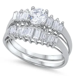 Clear CZ Unique Polished Ring Set New .925 Sterling Silver Band Sizes 6-10