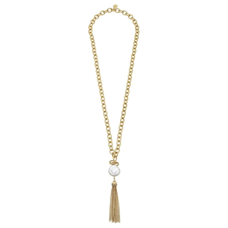 Coin Pearl   Gold Tassel Necklace