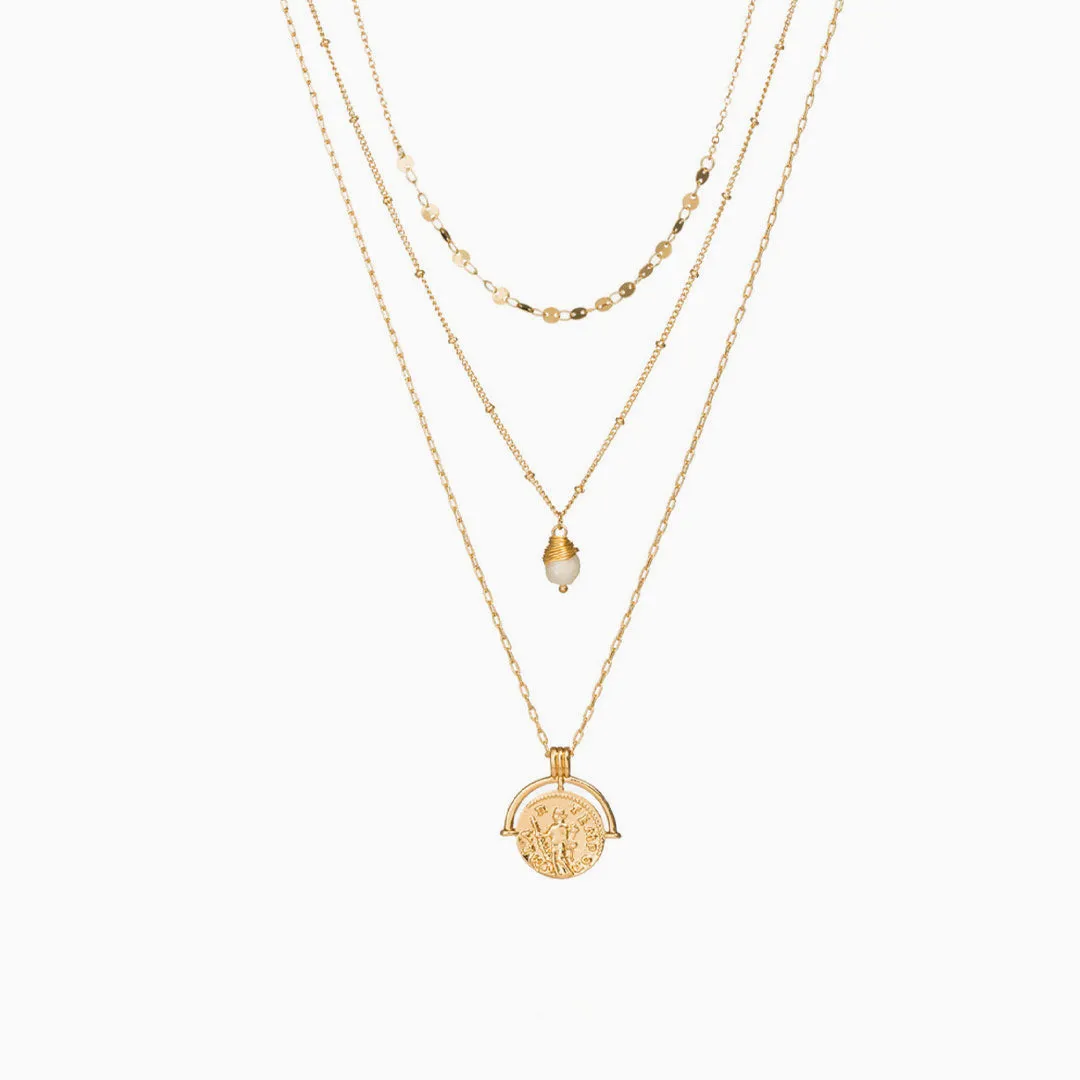 Coin Pendant Chain-Link Layered Necklace - Gold