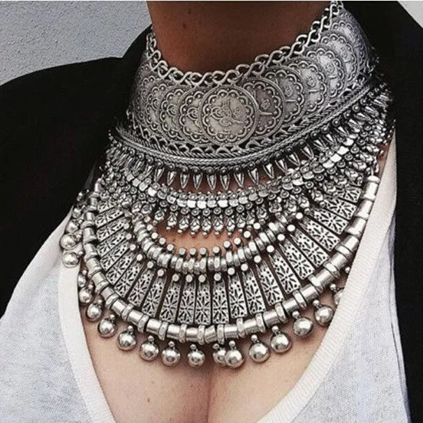 Collar Coin Necklace & Pendant Vintage Crystal Maxi Choker Statement Silver Collier female Big Fashion Women Jewellery