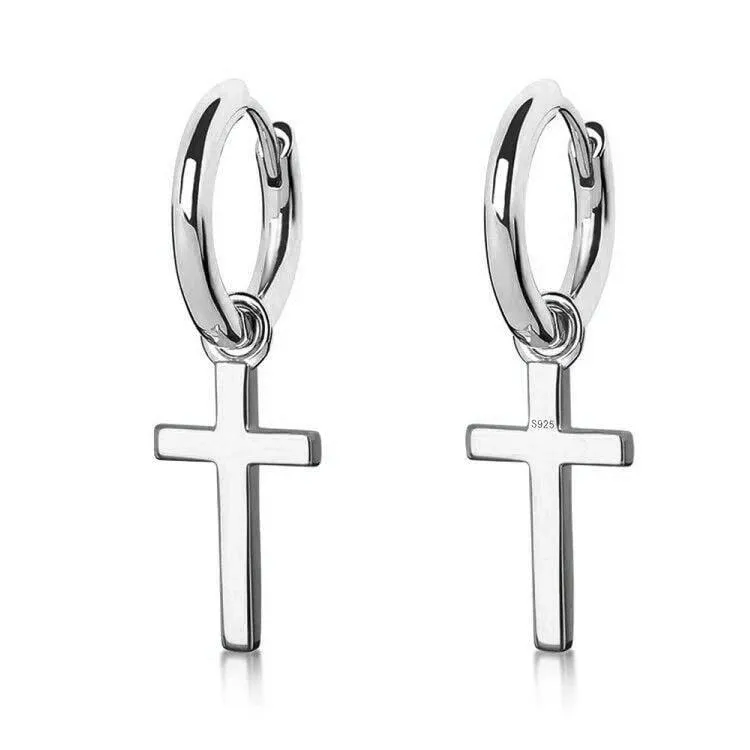 Cross Hoop Earrings for Men in 925 Sterling Silver