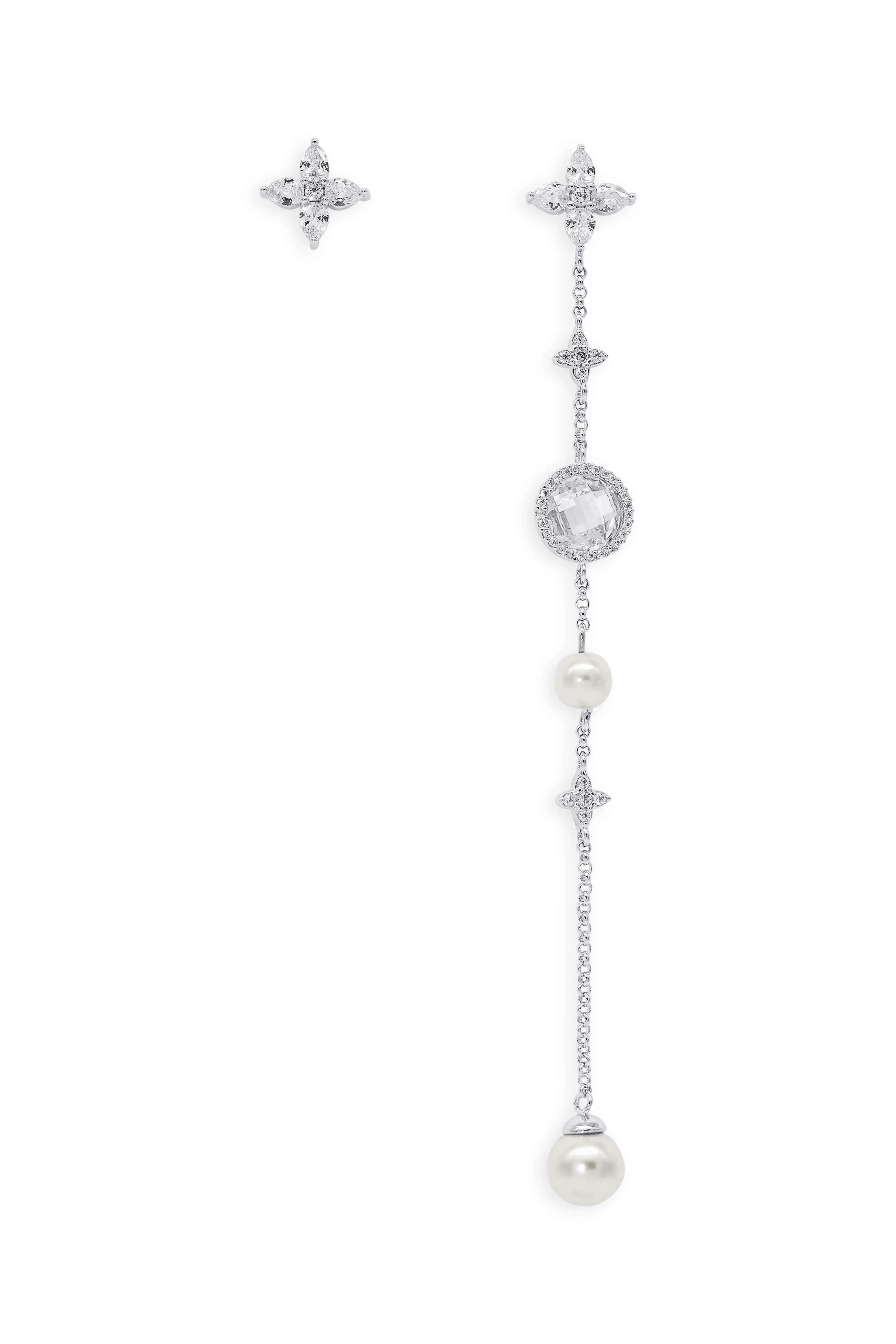 Crystal and pearl symbol asymmetric earrings