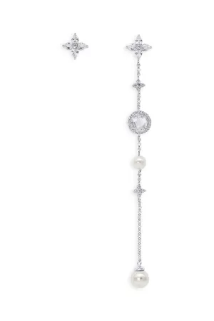 Crystal and pearl symbol asymmetric earrings