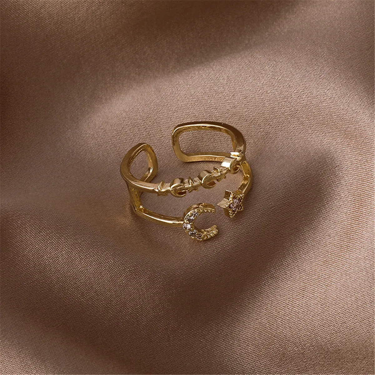 Cubic Zirconia & 18K Gold-Plated Celestial Openwork Bypass Ring