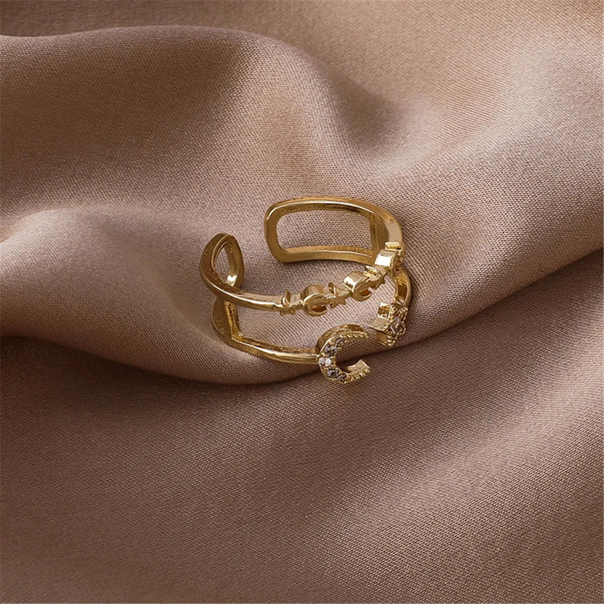 Cubic Zirconia & 18K Gold-Plated Celestial Openwork Bypass Ring