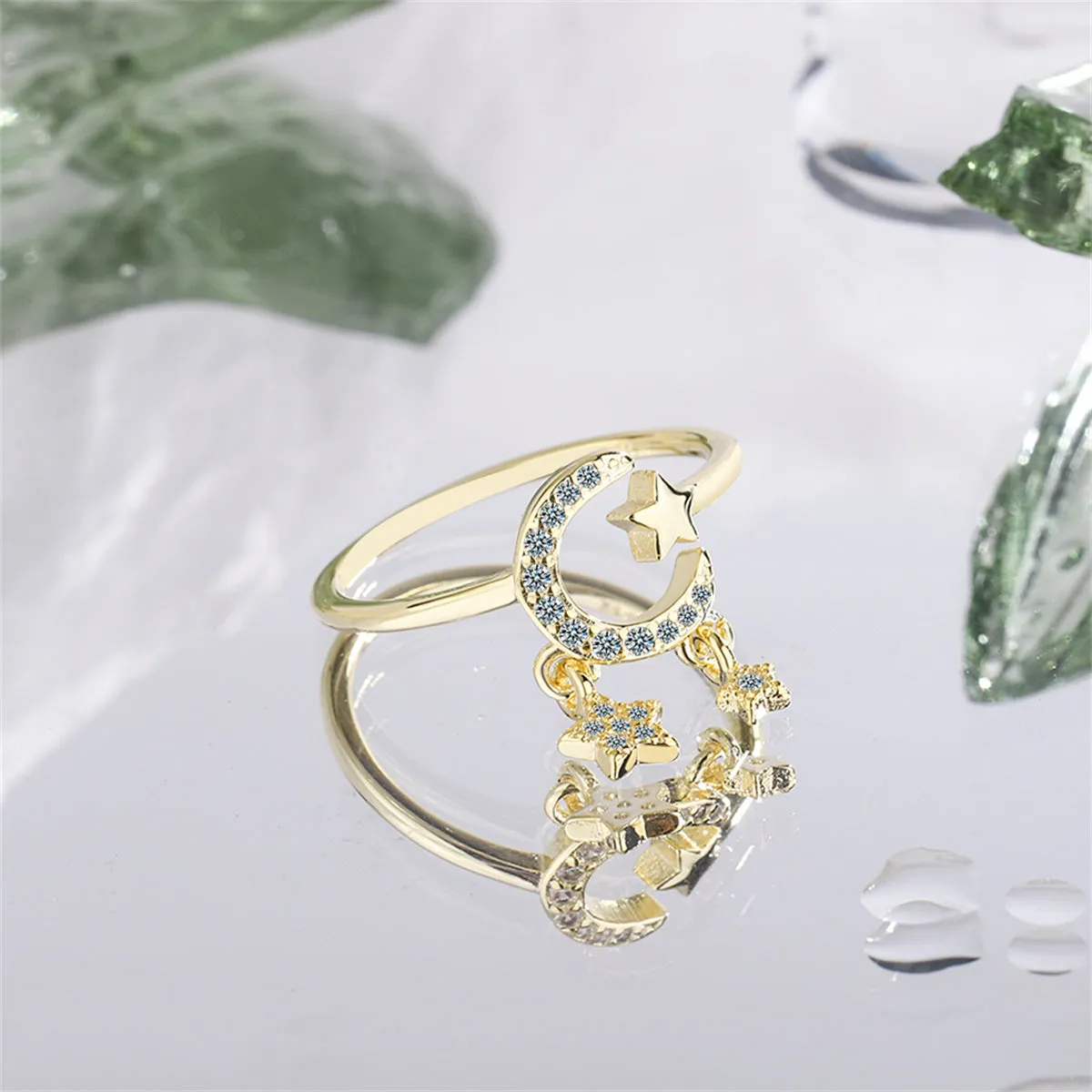 Cubic Zirconia & 18K Gold-Plated Celestial Star Tassel Open Ring