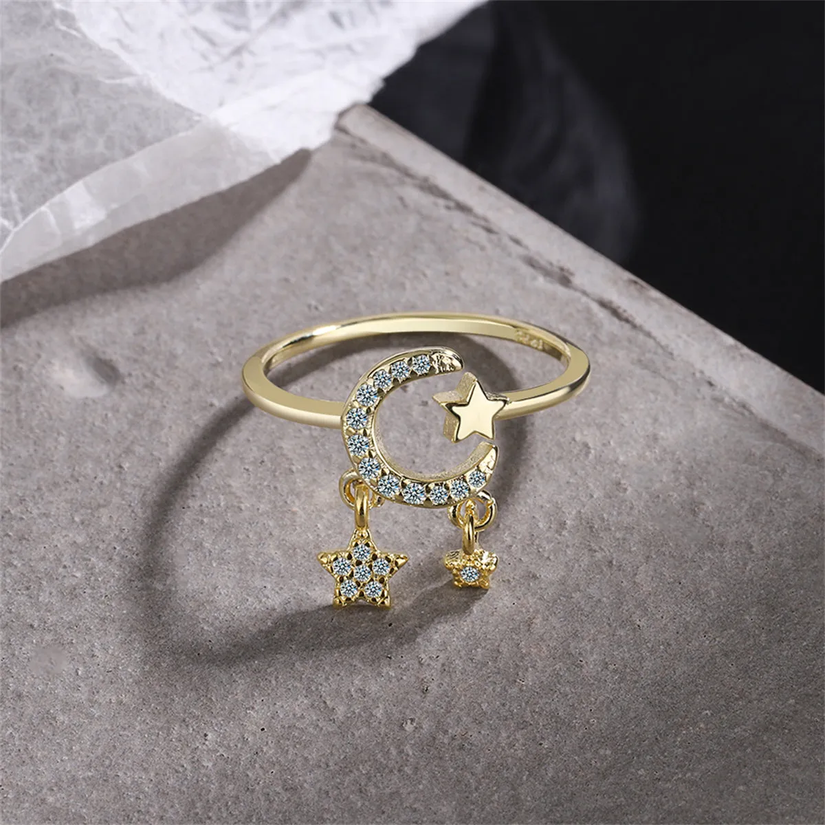 Cubic Zirconia & 18K Gold-Plated Celestial Star Tassel Open Ring