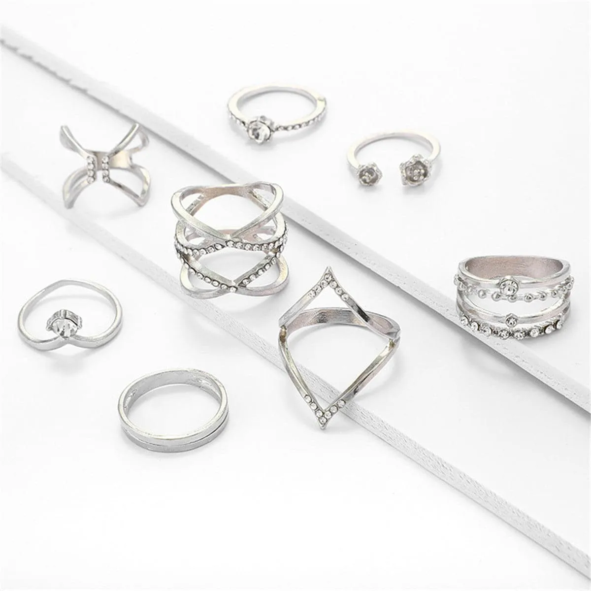 Cubic Zirconia & Silver-Plated Geometric Ring Set