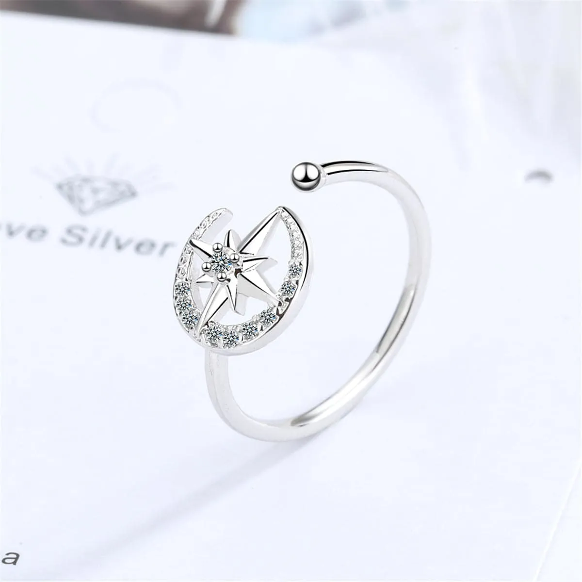 Cubic Zirconia & Silver-Plated Moon & Star Open Ring