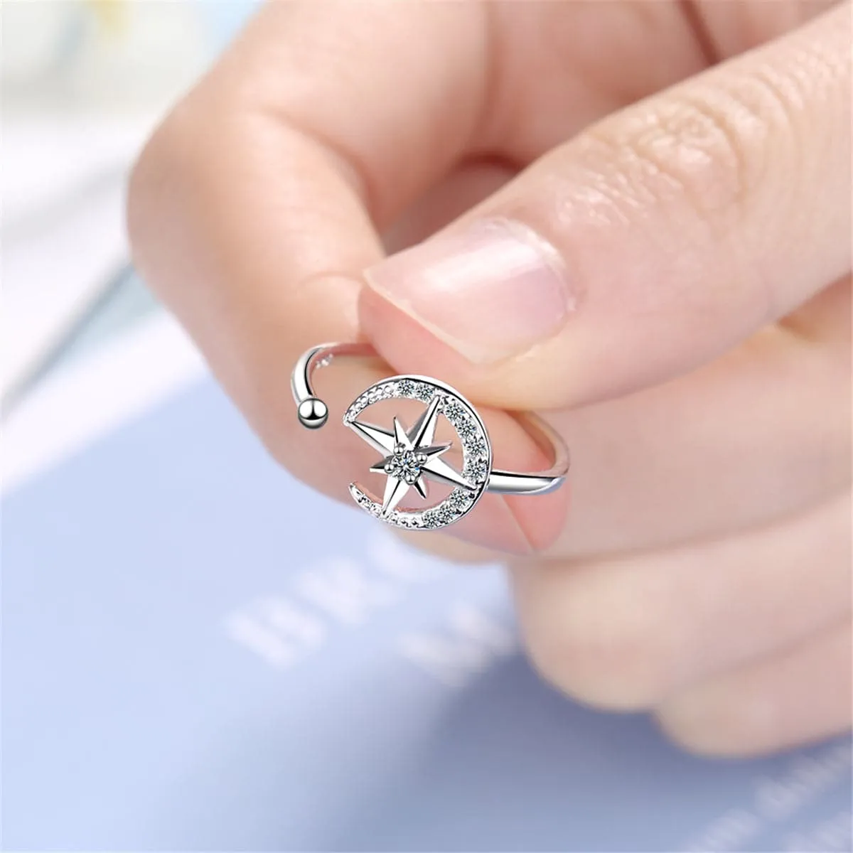 Cubic Zirconia & Silver-Plated Moon & Star Open Ring