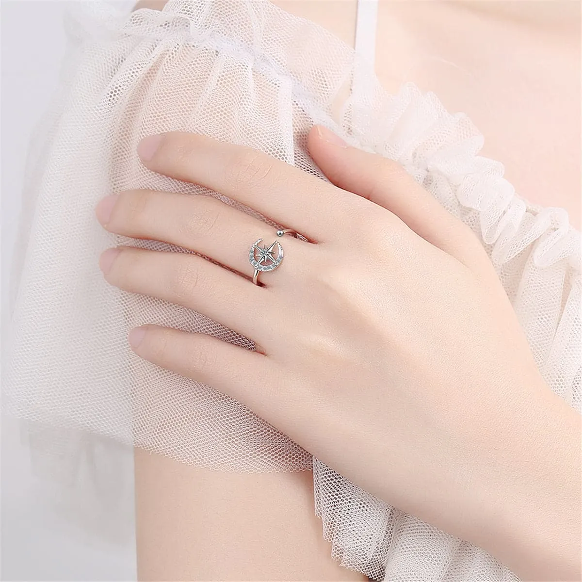 Cubic Zirconia & Silver-Plated Moon & Star Open Ring