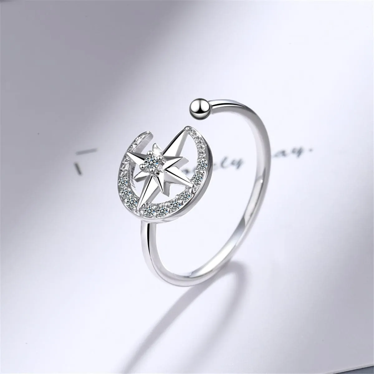 Cubic Zirconia & Silver-Plated Moon & Star Open Ring