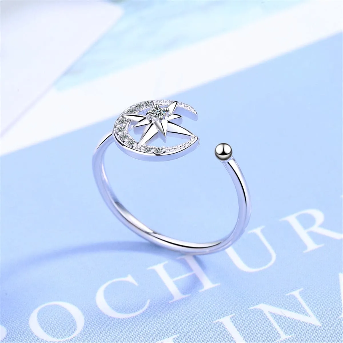 Cubic Zirconia & Silver-Plated Moon & Star Open Ring