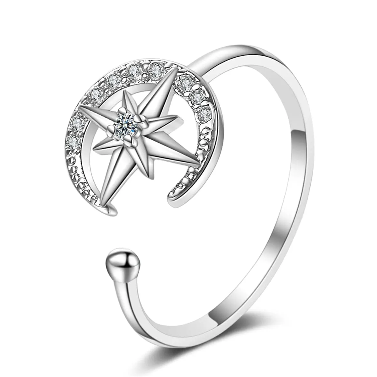 Cubic Zirconia & Silver-Plated Moon & Star Open Ring