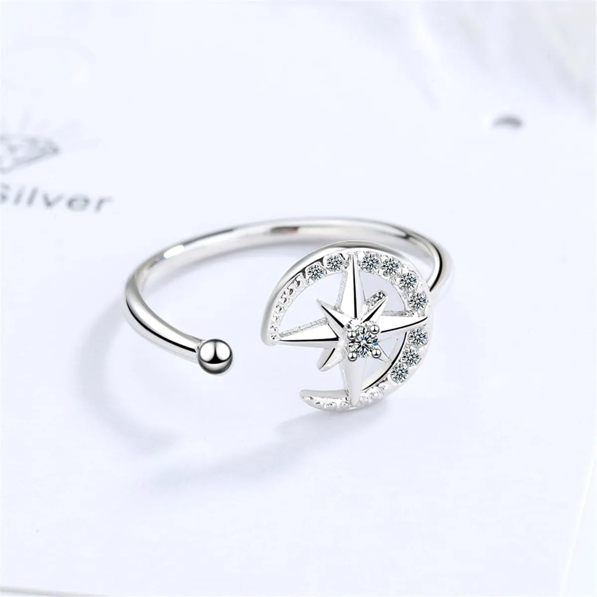 Cubic Zirconia & Silver-Plated Moon & Star Open Ring