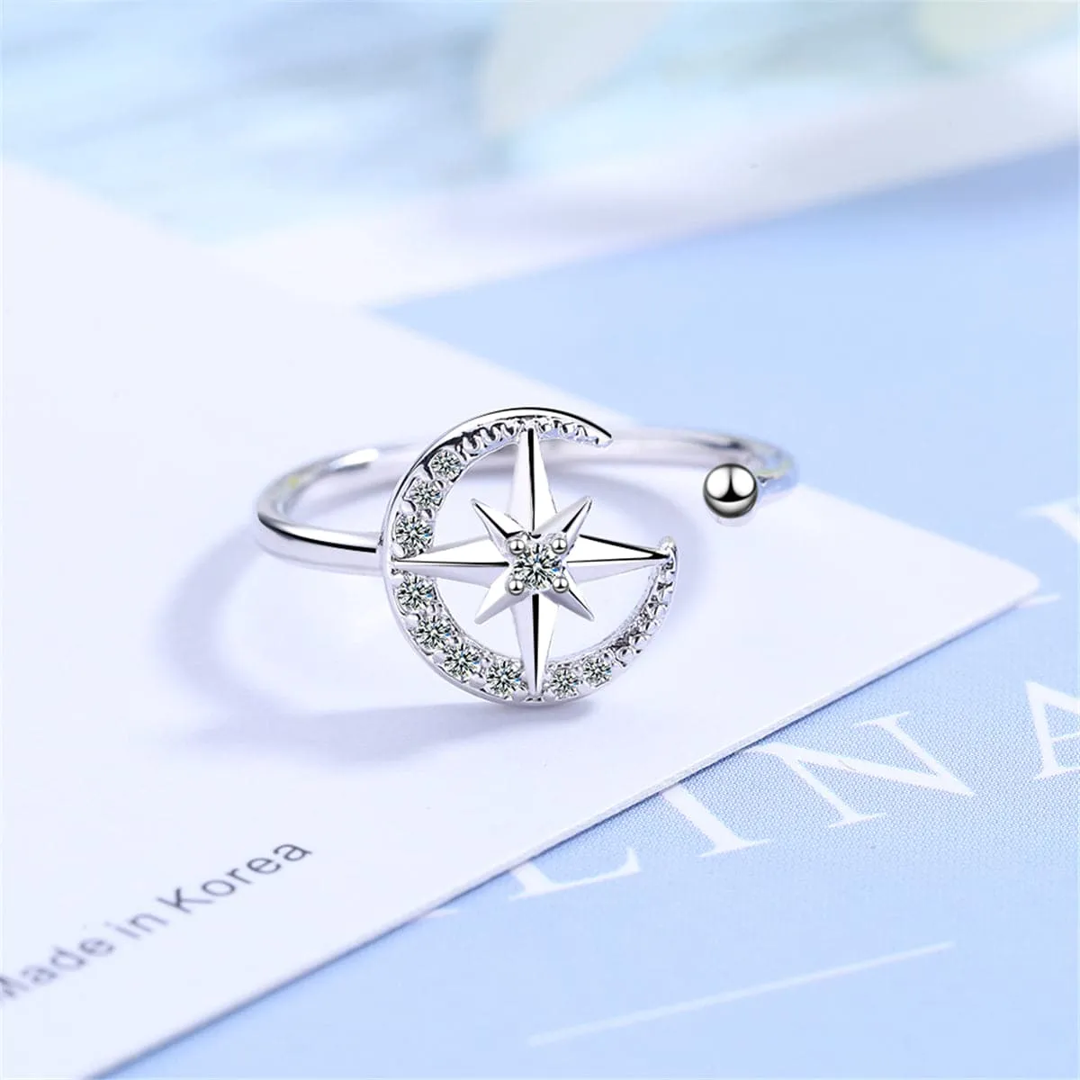 Cubic Zirconia & Silver-Plated Moon & Star Open Ring