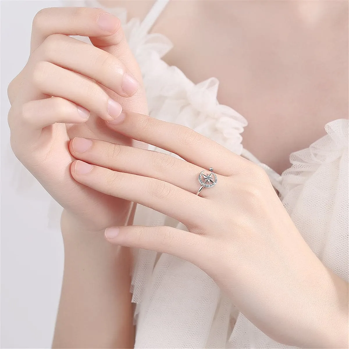 Cubic Zirconia & Silver-Plated Moon & Star Open Ring