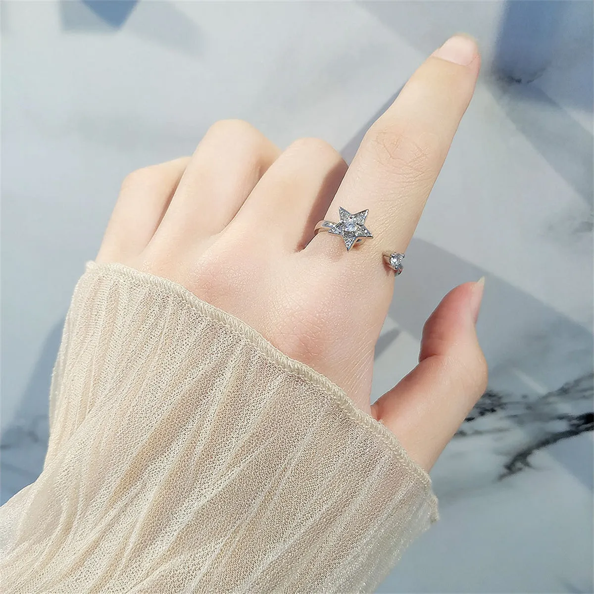Cubic Zirconia & Silver-Plated Rotating Star Open Ring