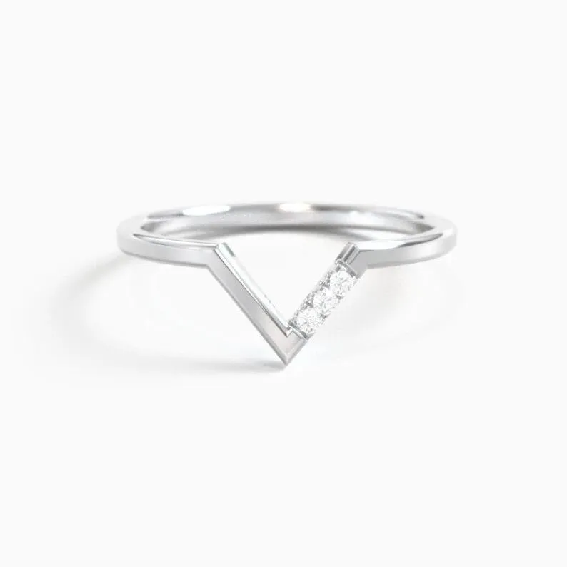 Curved v shaped stackable ring, white Gold moissanite Engagement band, unique wedding ring, women anniversary gift, modern jewelry rings
