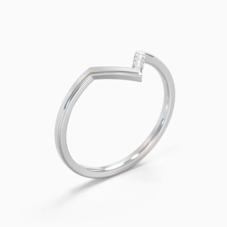Curved v shaped stackable ring, white Gold moissanite Engagement band, unique wedding ring, women anniversary gift, modern jewelry rings