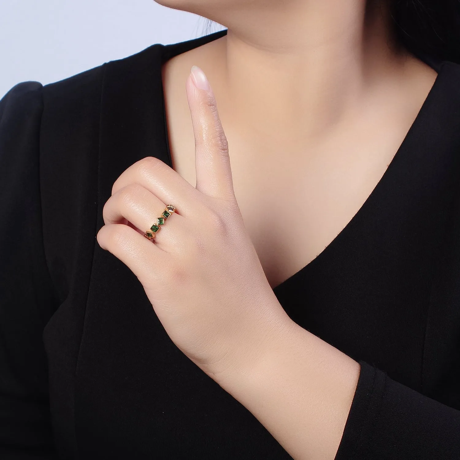 Dainty Emerald Green Geometric CZ Ring Green Square Rhombus Ring O-2103
