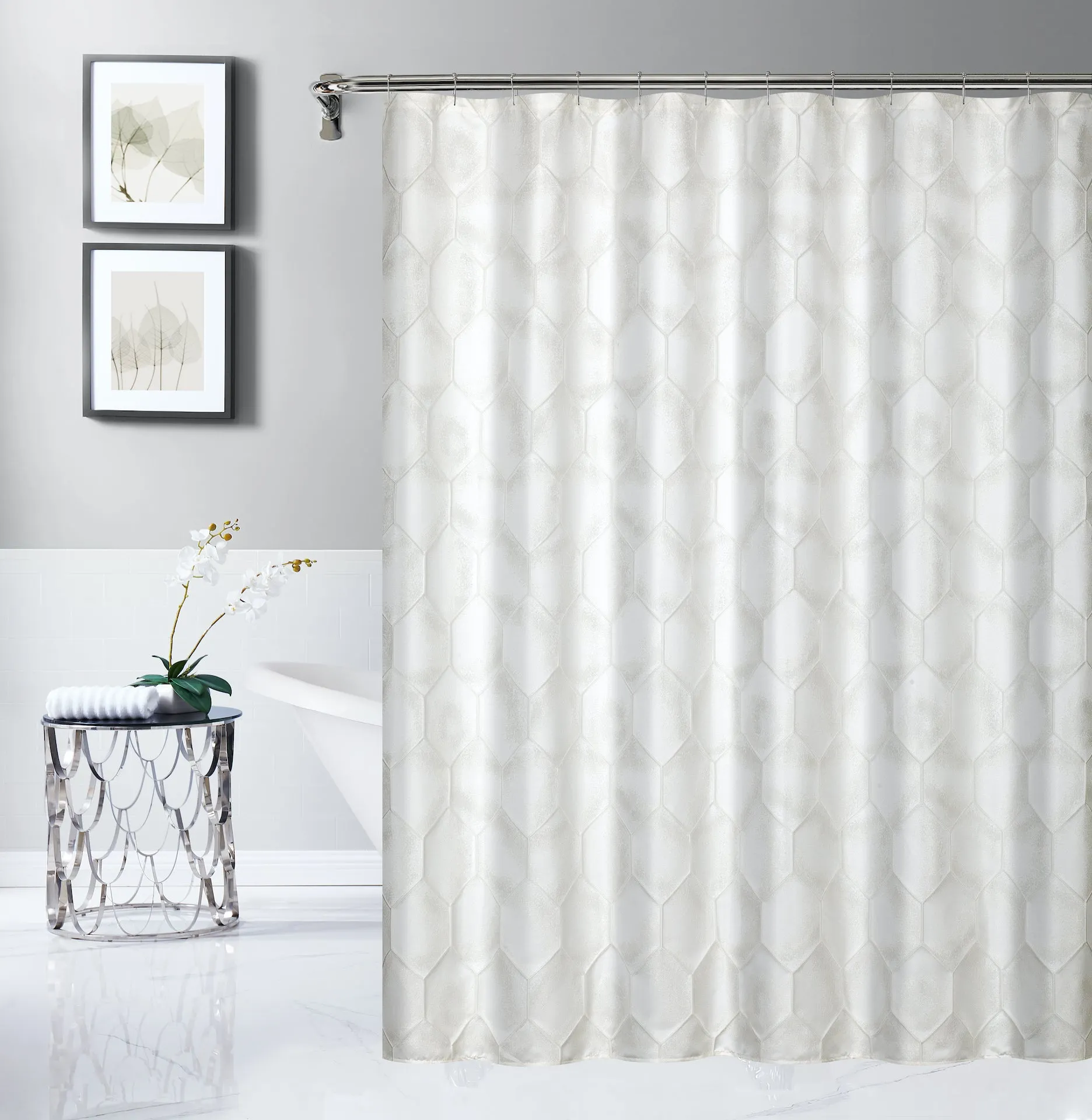 Dainty Home Tiles 3D Embossed Textured Lustrous Lurex Tile Designed Fabric Shower Curtain