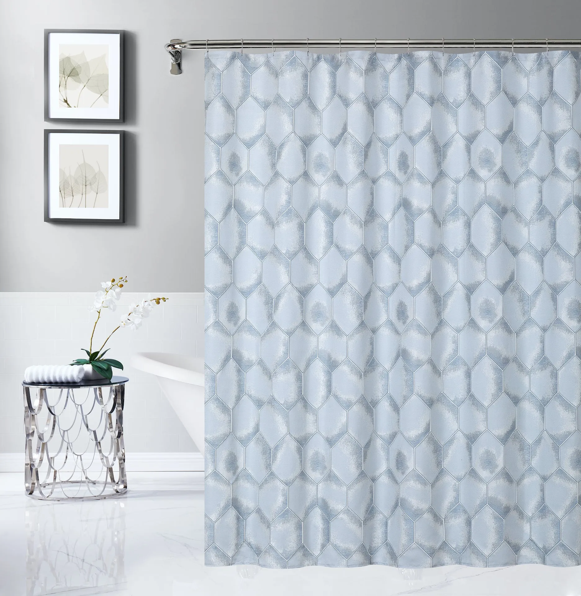 Dainty Home Tiles 3D Embossed Textured Lustrous Lurex Tile Designed Fabric Shower Curtain