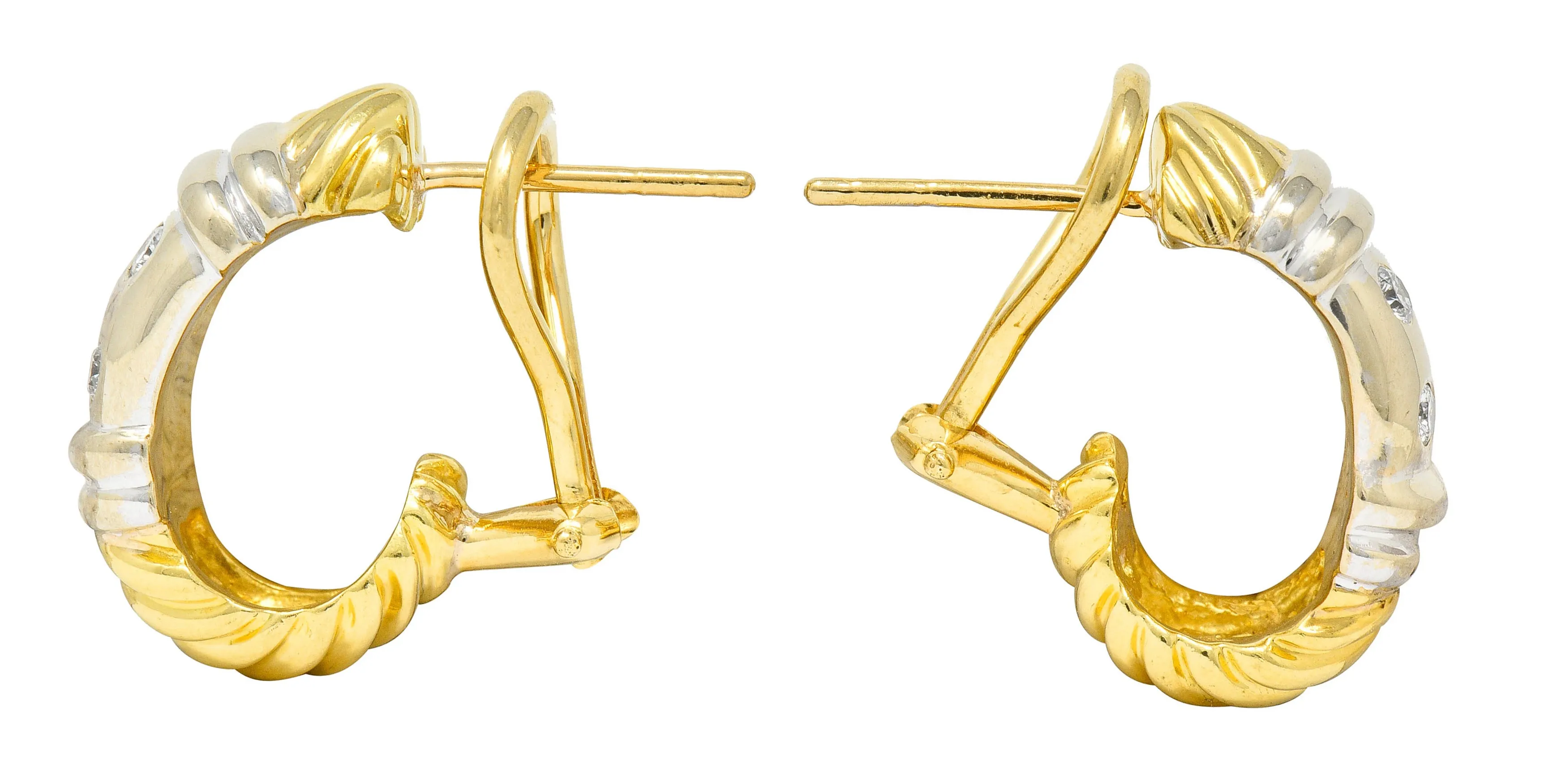 David Yurman Diamond 18 Karat Yellow And White Gold Metro J Hoop Earrings