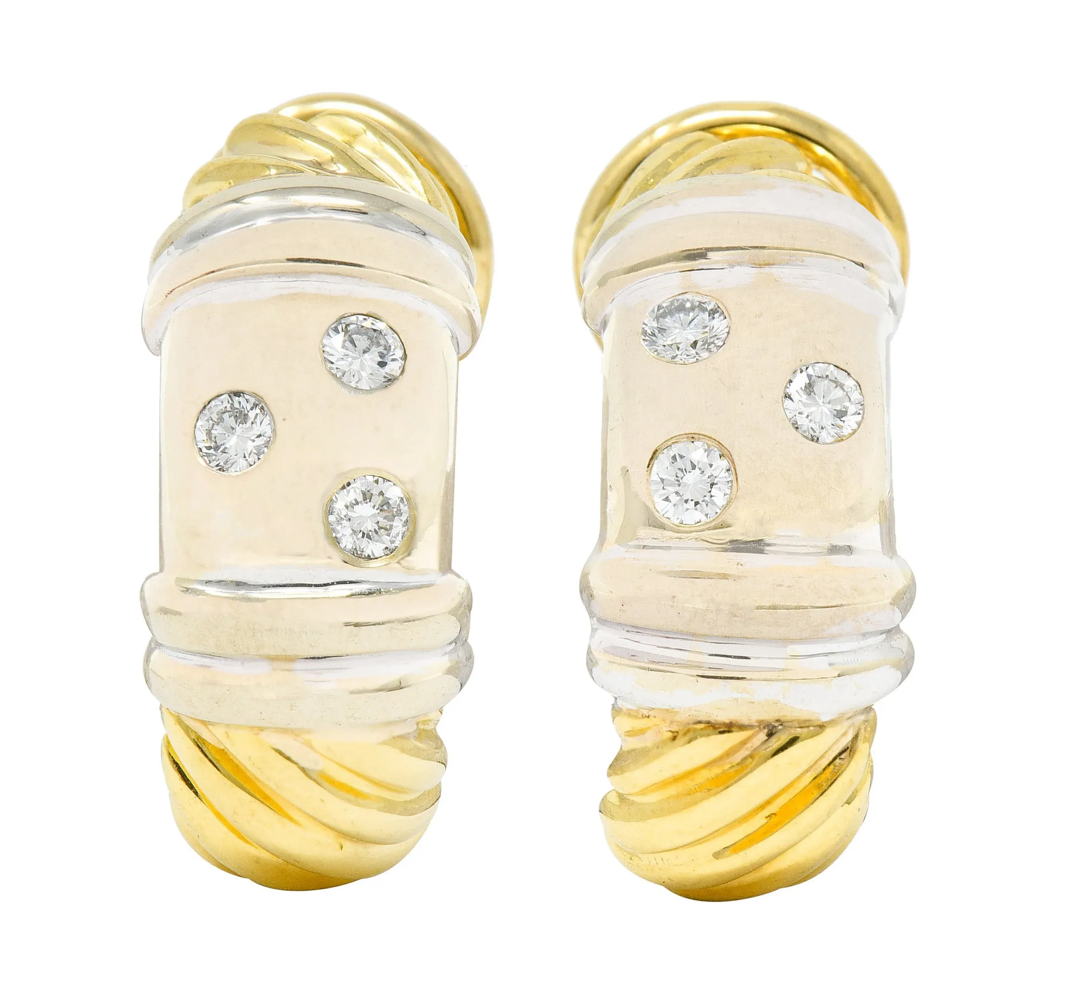 David Yurman Diamond 18 Karat Yellow And White Gold Metro J Hoop Earrings