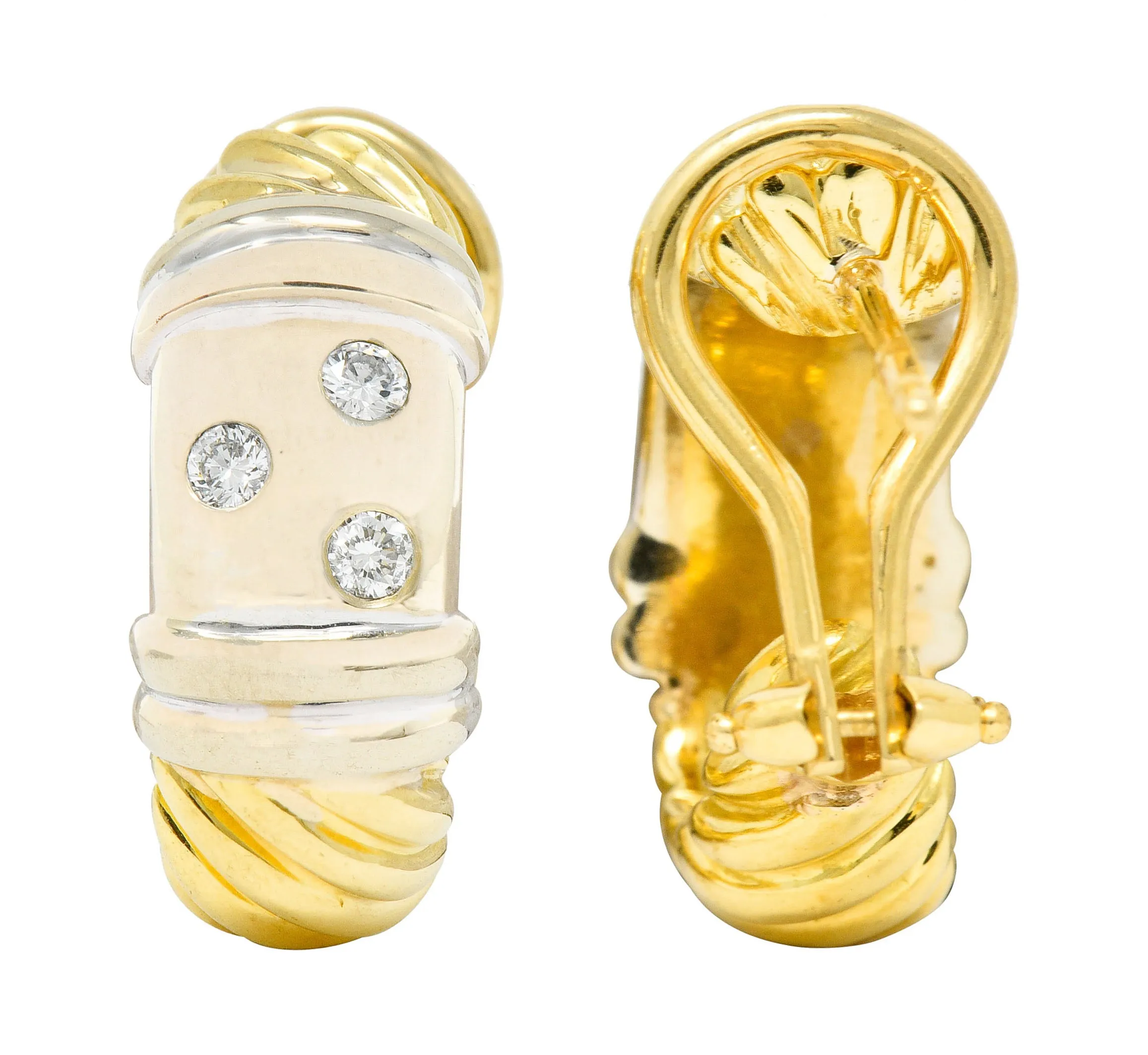 David Yurman Diamond 18 Karat Yellow And White Gold Metro J Hoop Earrings