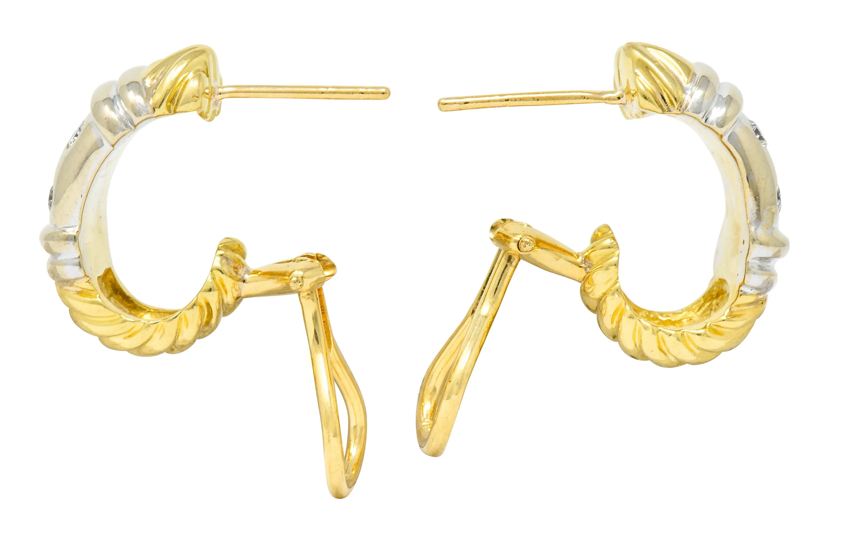 David Yurman Diamond 18 Karat Yellow And White Gold Metro J Hoop Earrings