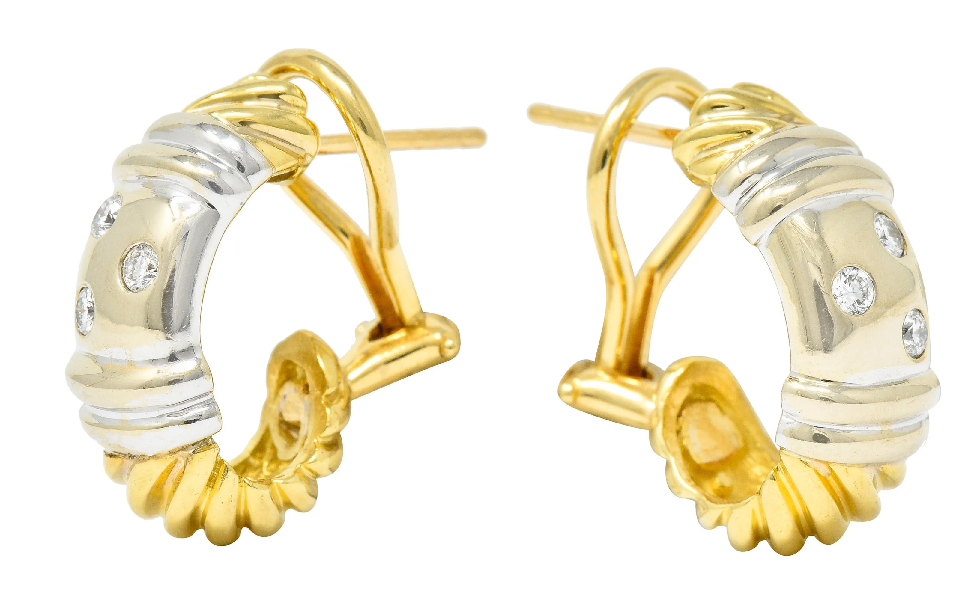 David Yurman Diamond 18 Karat Yellow And White Gold Metro J Hoop Earrings