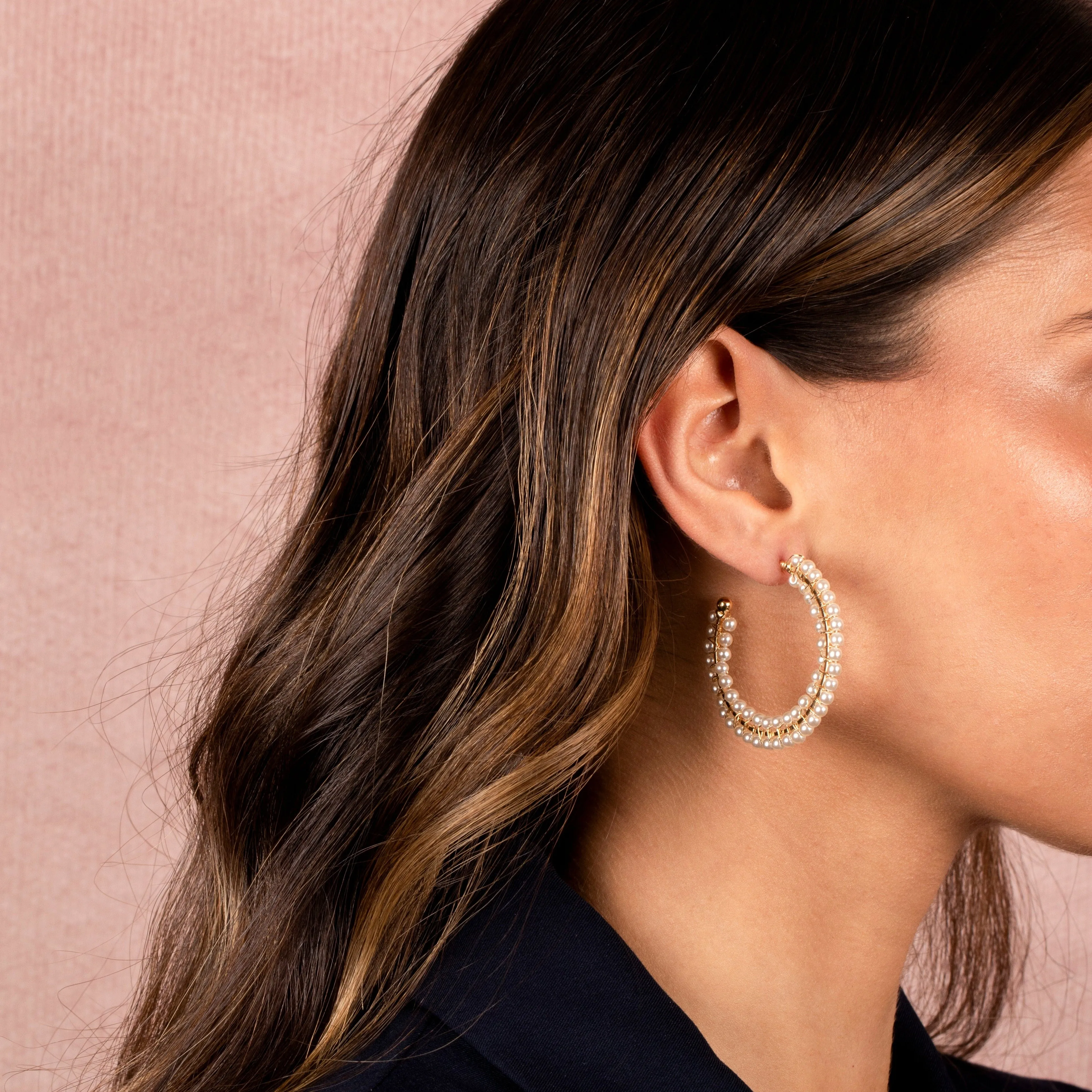 Double Row Pearl Embedded Hoop Earring