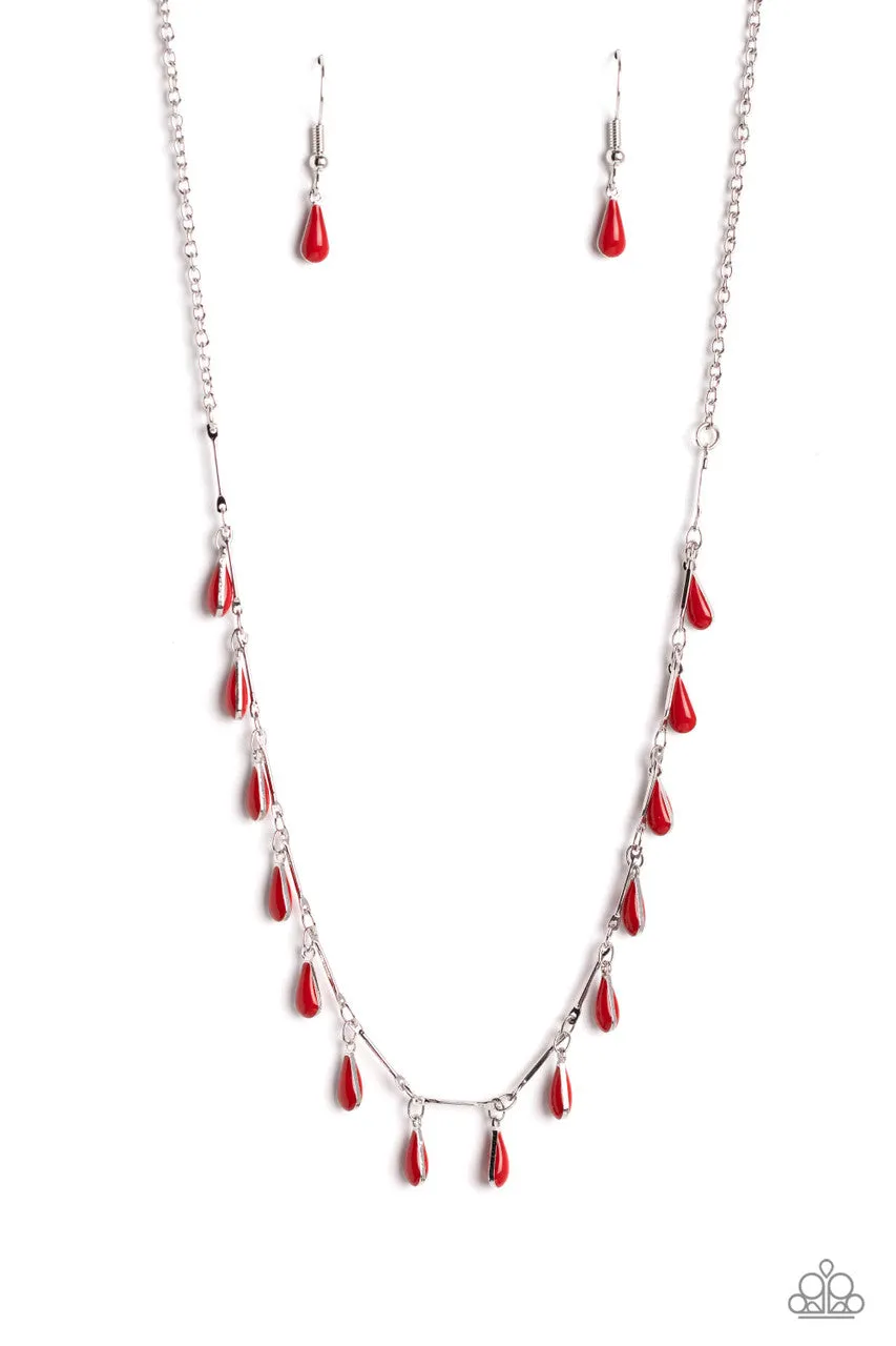 Drop-Dead Dance - Red - Dainty Teardrop Paparazzi Short Necklace