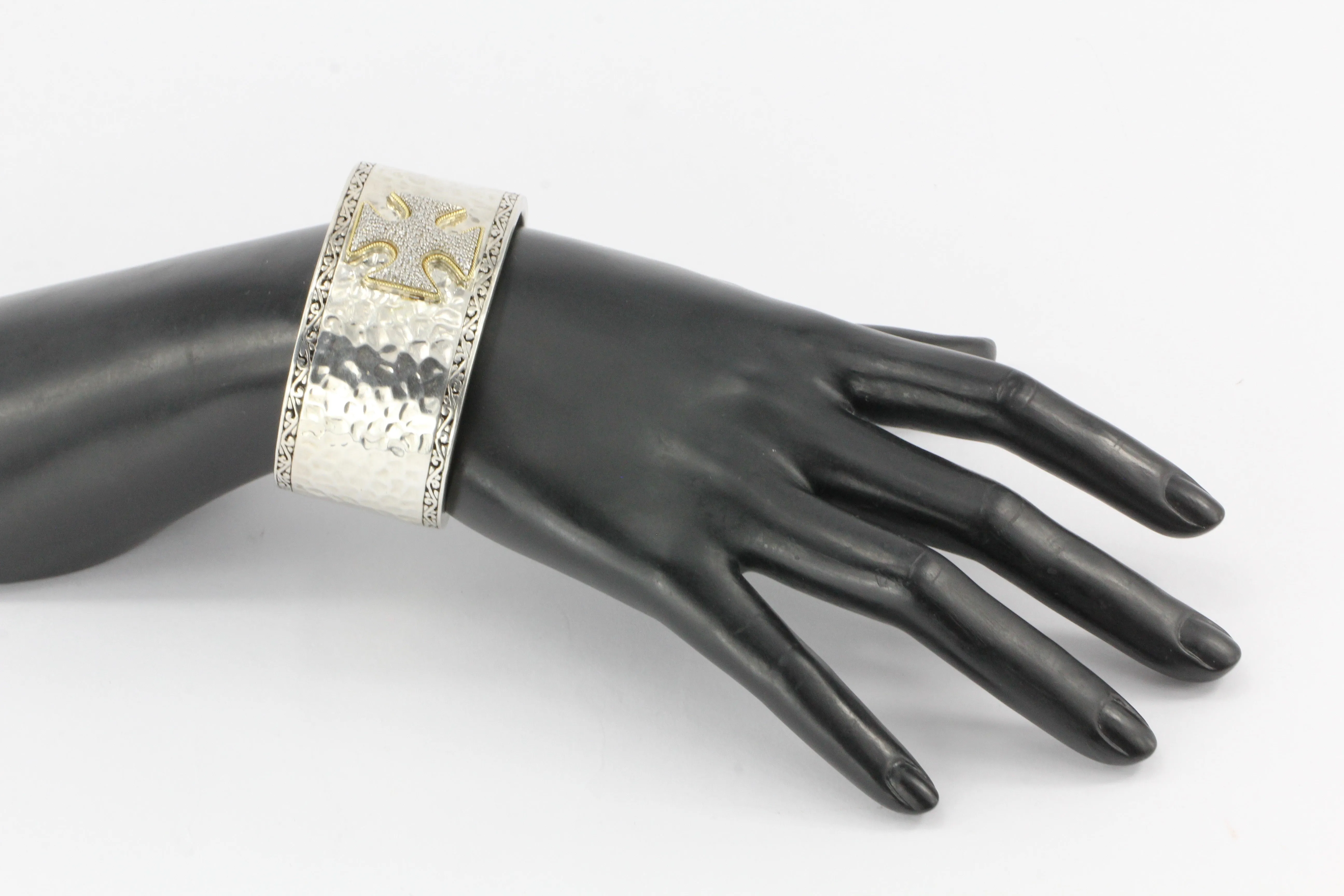 Effy Pave Diamond Two Tone Sterling Silver & 18K Yellow Gold Cross Cuff